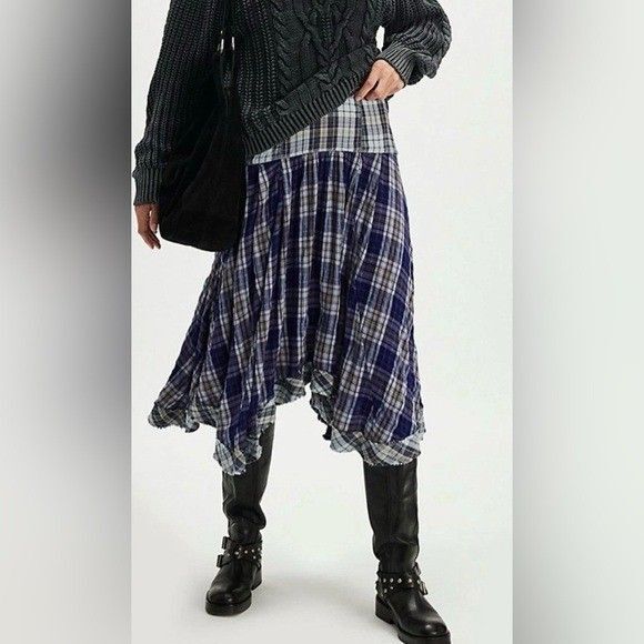 Free People Dresses & Skirts - Free People Whitestone Plaid Midi Skirt Print Asymmetrical Cotton S-6 New 284077